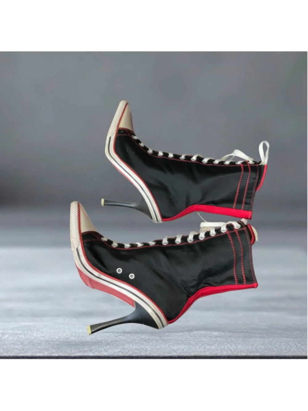 Anne Michelle NOWELL-02 Y2K Mid-Calf Lace-Up Stiletto Heel Boots Black Red Wm 8 - Picture 2 of 9
